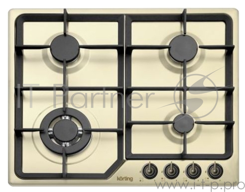 Встраиваемые газовые панели Korting Provence, 60x51 см, газовая, независимая, электроподжиг, газ-контрол, чугунные решетки, адаптер для WOK-конфорки, слоновая кость, цвет ручек-бронза