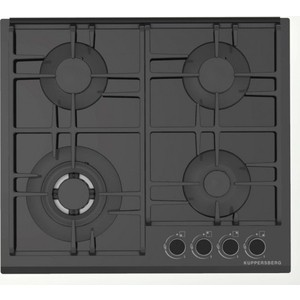 Газовая варочная поверхность Kuppersberg Газ, Газовая варочная поверхность, закаленное стекло, ширина 60 см, 4 газовые конфорки, 1 конфорка повышенной мощности, автоподжиг, газ-контроль, чугунные решетки, черный