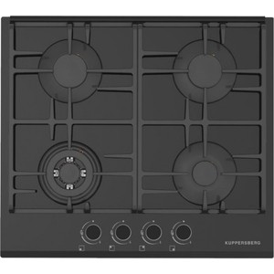 Газовая варочная поверхность Kuppersberg FQ62B закаленное стекло, ширина 60 см, 4 газовые конфорки, WOK конфорка(2,5 кВт), автоподжиг, газ-контроль, чугунные решетки, цвет черный