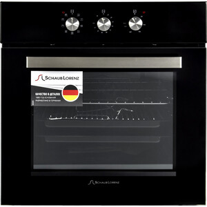 Встраиваемая электрическая духовка Schaub Lorenz 59.5х59.5x61 см, 58л, 3 режимов работы, механические переключатели, механический таймер, черный/ручки цвета нержавеющая сталь