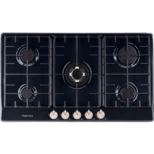 Газовая варочная поверхность металл, ширина 90 см, 5 газовых конфорок, WOK конфорка повышенной мощности, автоподжиг, газ-контроль, чугунные решетки, цвет черный/ручки цвета серебро