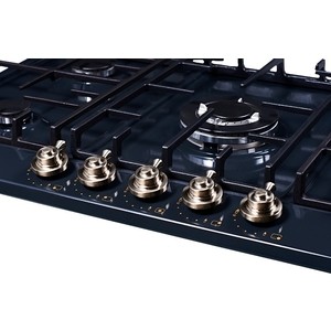 Газовая варочная поверхность металл, ширина 90 см, 5 газовых конфорок, WOK конфорка повышенной мощности, автоподжиг, газ-контроль, чугунные решетки, цвет черный/ручки цвета серебро