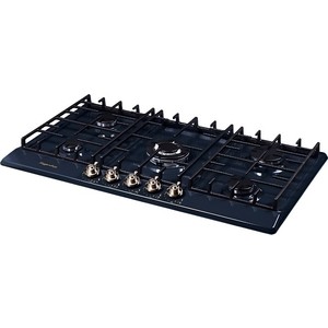 Газовая варочная поверхность металл, ширина 90 см, 5 газовых конфорок, WOK конфорка повышенной мощности, автоподжиг, газ-контроль, чугунные решетки, цвет черный/ручки цвета серебро