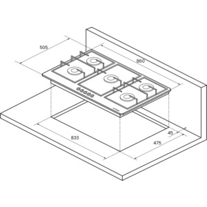 Газовая варочная поверхность металл, ширина 90 см, 5 газовых конфорок, WOK конфорка повышенной мощности, автоподжиг, газ-контроль, чугунные решетки, цвет черный/ручки цвета серебро
