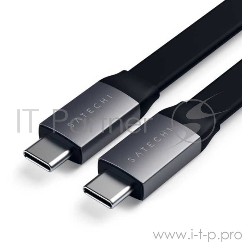 Кабель Satechi Flat USB-C to USB-C, длина 22,8 см. Поддержка мощности 100Вт. Цвет черный.
