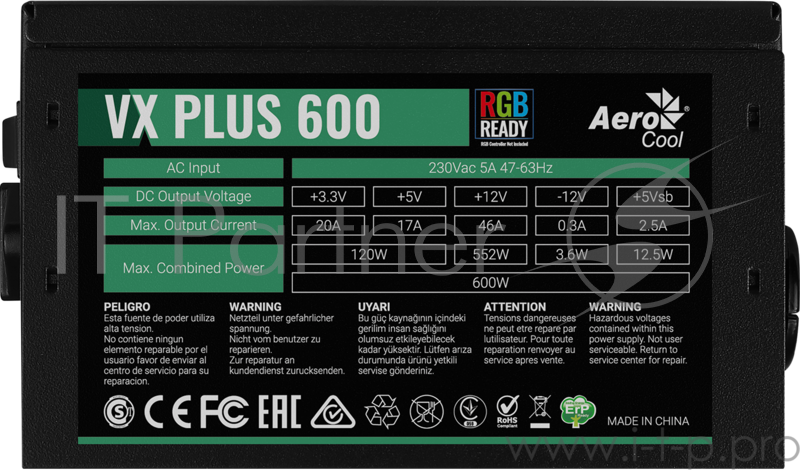 Блок питания Aerocool 600W Retail VX PLUS 600 RGB , подсветка, ATXv2.3 Haswell, fan 12cm, 500mm cable, power cord, PCIe 6+2P x2, SATA x4, PATA x3, FDD