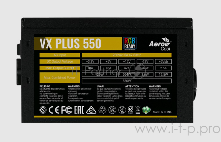 Блок питания Aerocool VX-550 RGB PLUS (ATX 2.3, 550W, 120mm fan, RGB-подсветка вентилятора) Box