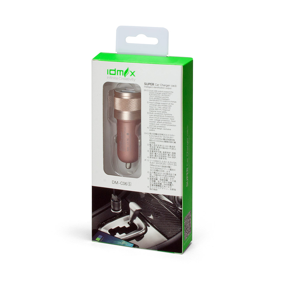 Автозарядка IDMIX C06S 18W на 2 USB-порта с функцией быстрой зарядки Qualcomm QC 3.0. Розовое золото.