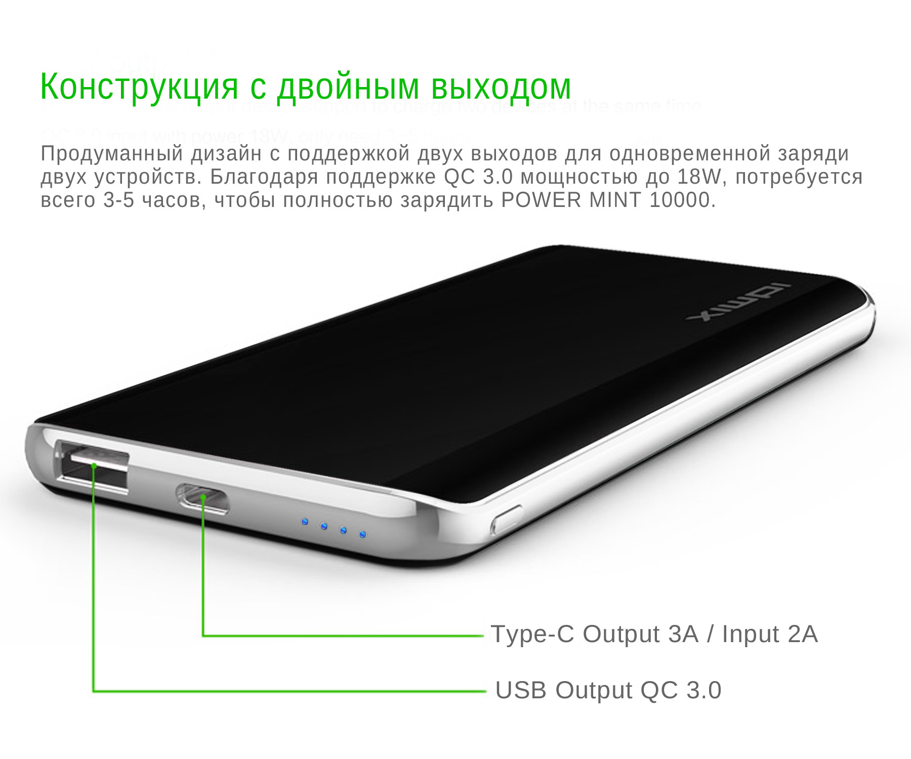 Внешний аккумулятор IDMIX Power Mint Q10 на 10000mAh с USB-портом и функцией QC 3.0, с разъемами Type-C и MicroUSB Fast Charge. Белая.