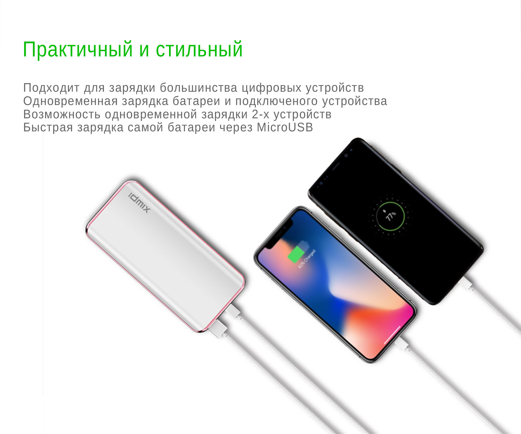 Внешний аккумулятор IDMIX Power Mint Q10 на 10000mAh с USB-портом и функцией QC 3.0, с разъемами Type-C и MicroUSB Fast Charge. Белая.
