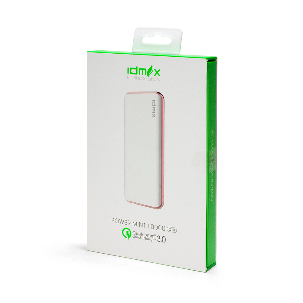 Внешний аккумулятор IDMIX Power Mint Q10 на 10000mAh с USB-портом и функцией QC 3.0, с разъемами Type-C и MicroUSB Fast Charge. Белая.