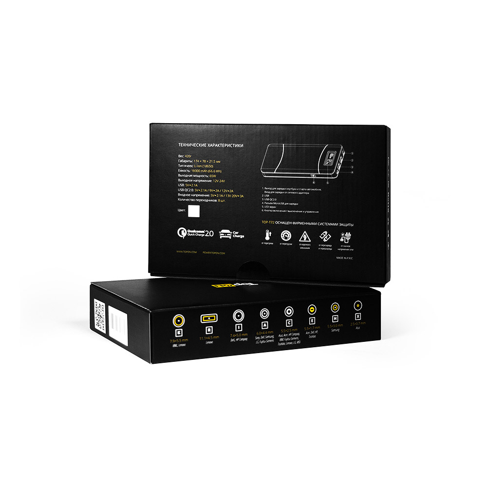 Универсальный внешний аккумулятор 18000mAh (66.6Wh) с 2 USB-портами и QC 2.0, для зарядки ноутбука, планшета, смартфона и аккумулятора авто. Белый.