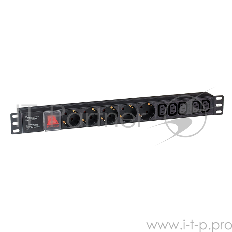 Блок розеток горизонтальный ExeGate ServerPro PDU-19H008 Al-5C135S-C14-SW, 19, 1U, Алюминий, 5 IEC 320 C13, 5 Schuko, С14, выкл. с подсветкой, черный