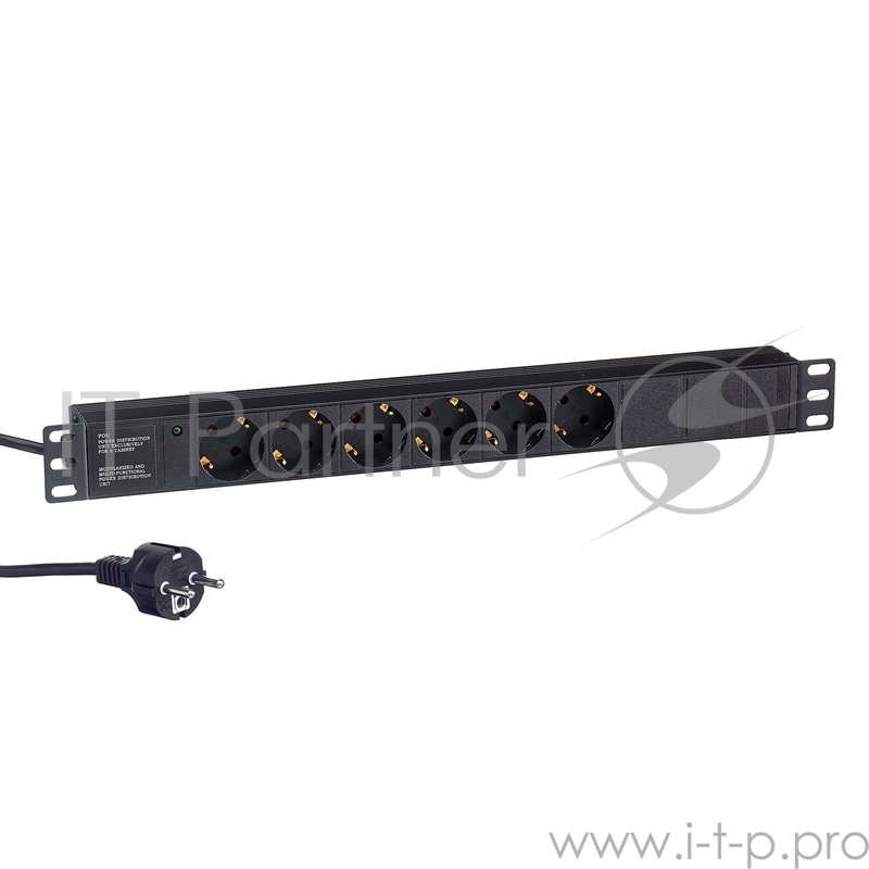 Блок розеток горизонтальный ExeGate ServerPro PDU-19H602 Al-6S-EU2, 19, 1U, Алюминий, 6 Schuko, кабель с евровилкой VDE-250V-16A-3*1.5mm2, 2метра, черный