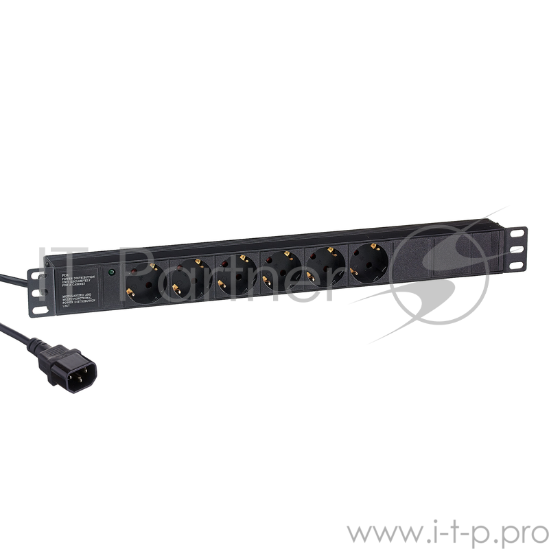Блок розеток горизонтальный ExeGate ServerPro PDU-19H604 Al-6S-C14-2.5, 19, 1U, Алюминий, 6 Schuko, кабель с вилкой C14 VDE-250V-10A-3*1.5mm2, 2.5 метра, черный