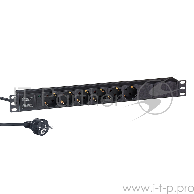Блок розеток горизонтальный ExeGate ServerPro PDU-19H603 Al-6S-EU2.5, 19, 1U, Алюминий, 6 Schuko, кабель с евровилкой VDE-250V-16A-3*1.5mm2, 2.5 метра, черный