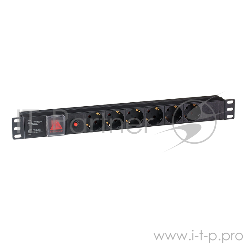 Блок розеток горизонтальный ExeGate ServerPro PDU-19H605 Al-6S-C14-SW-O, 19, 1U, Алюминий, 6 Schuko, С14, выкл. с подсветкой, защита от перегрузки, черный