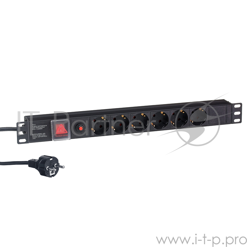 Блок розеток горизонтальный ExeGate ServerPro PDU-19H606 Al-6S-EU2-SW-O, 19, 1U, Алюминий, 6 Schuko, кабель с евровилкой VDE-250V-16A-3*1.5mm2, 2 метра, выкл. с подсветкой, защита от перегрузки, черный