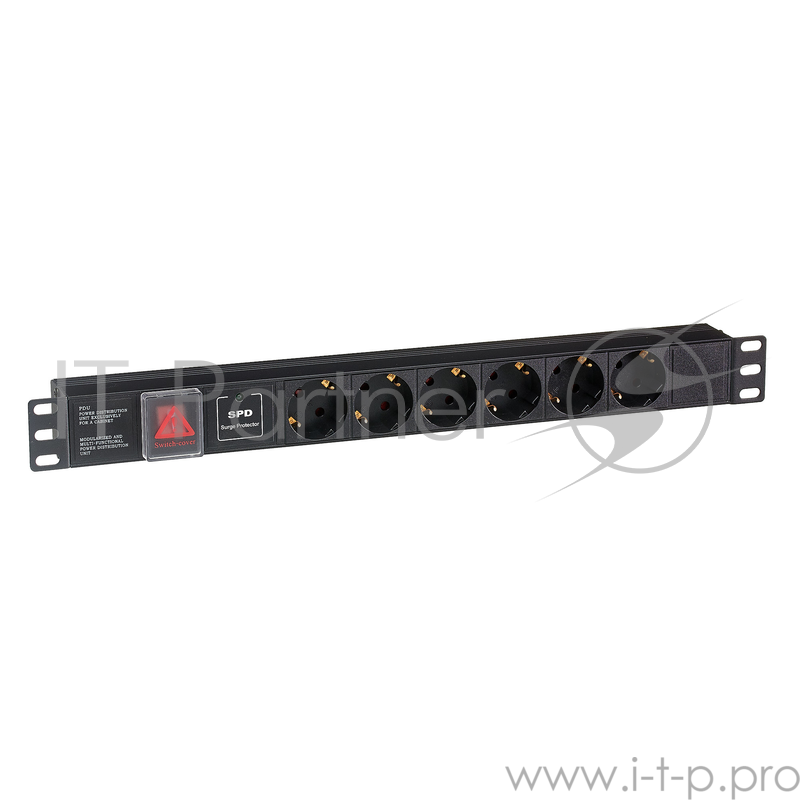 Блок розеток горизонтальный ExeGate ServerPro PDU-19H607 Al-6S-C14-SW-SPD1, 19, 1U, Алюминий, 6 Schuko, С14, выкл. с подсветкой, SPD1, черный