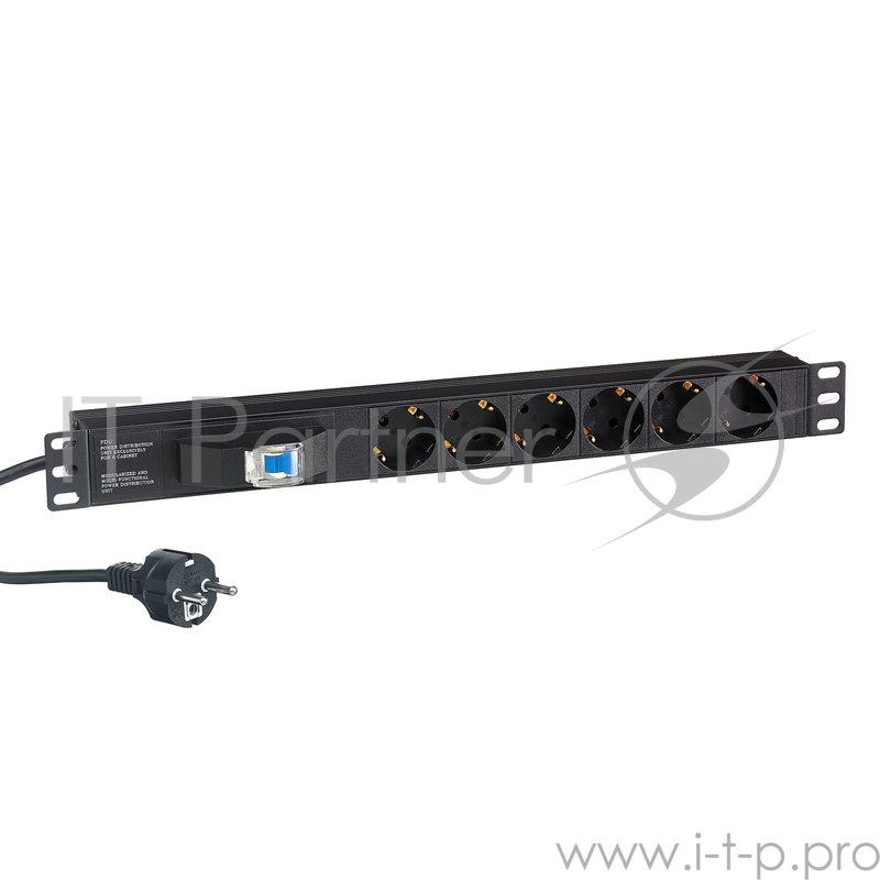 Блок розеток горизонтальный ExeGate ServerPro PDU-19H610 Al-6S-EU2.5-1P, 19, 1U, Алюминий, 6 Schuko, кабель с евровилкой VDE-250V-16A-3*1.5mm2, 2.5 метра, защита от перегрузки, черный