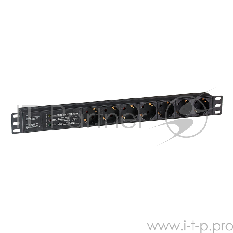 Блок розеток горизонтальный ExeGate ServerPro PDU-19H701 Al-7S-C14-SPD3, 19, 1U, Алюминий, 7 Schuko, С14, SPD3, черный