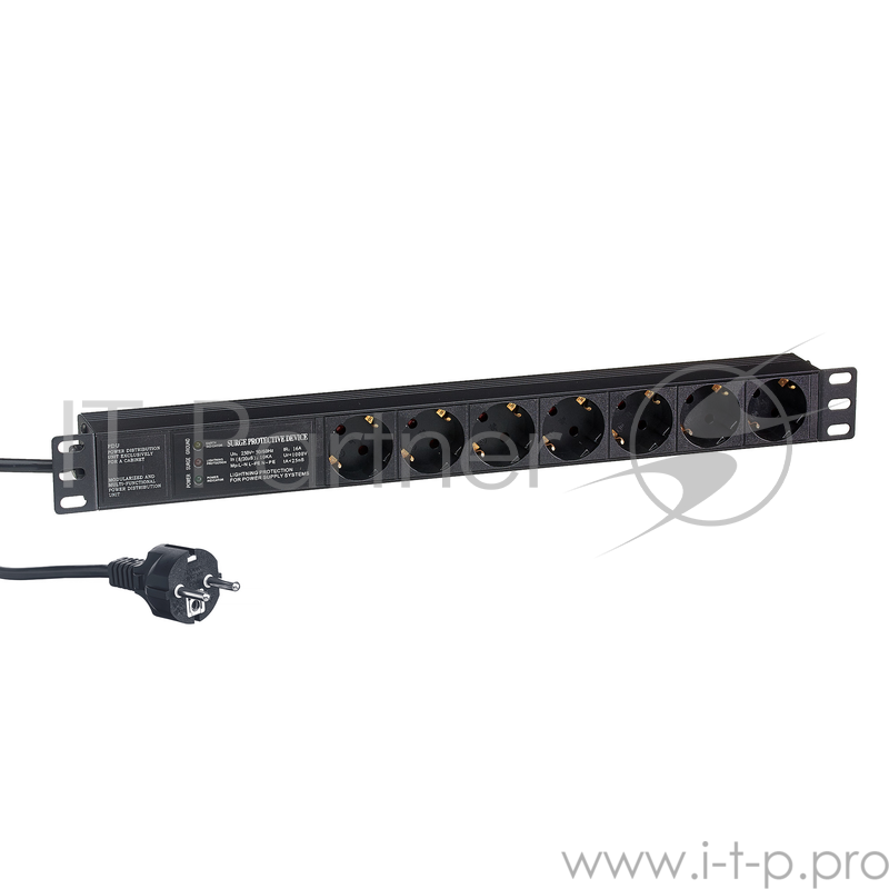 Блок розеток горизонтальный ExeGate ServerPro PDU-19H704 Al-7S-EU2.5-SPD3, 19, 1U, Алюминий, 7 Schuko, кабель с евровилкой VDE-250V-16A-3*1.5mm2, 2.5 метра, SPD3, черный