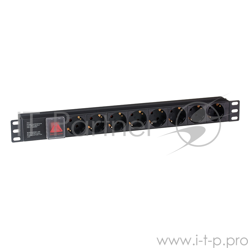 Блок розеток горизонтальный ExeGate ServerPro PDU-19H801 Al-8S-C14-SW, 19, 1U, Алюминий, 8 Schuko, С14, выкл. с подсветкой, черный