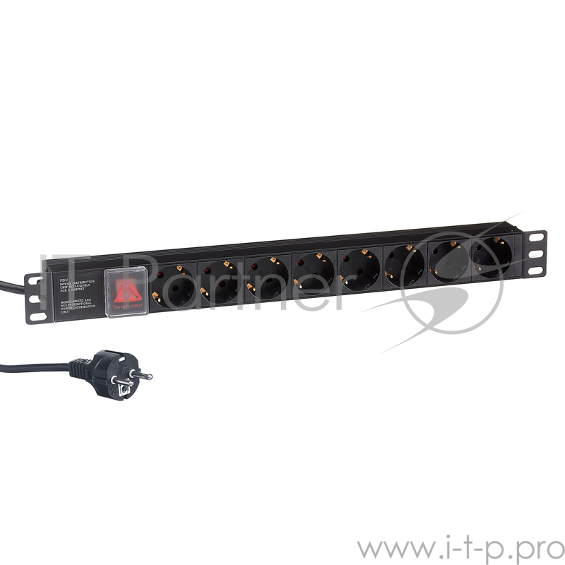 Блок розеток горизонтальный ExeGate ServerPro PDU-19H802 Al-8S-EU1.8-SW, 19, 1U, Алюминий, 8 Schuko, кабель с евровилкой VDE-250V-16A-3*1.5mm2, 1.8 метра, выкл. с подсветкой, черный