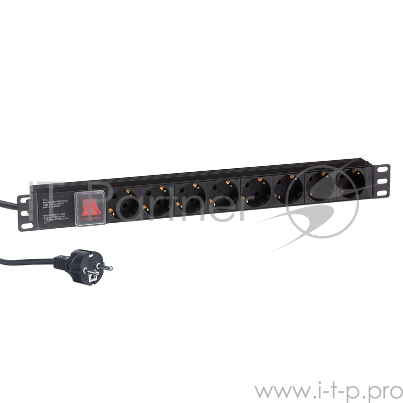 Блок розеток горизонтальный ExeGate ServerPro PDU-19H803 Al-8S-EU2-SW, 19, 1U, Алюминий, 8 Schuko, кабель с евровилкой VDE-250V-16A-3*1.5mm2, 2 метра, выкл. с подсветкой, черный