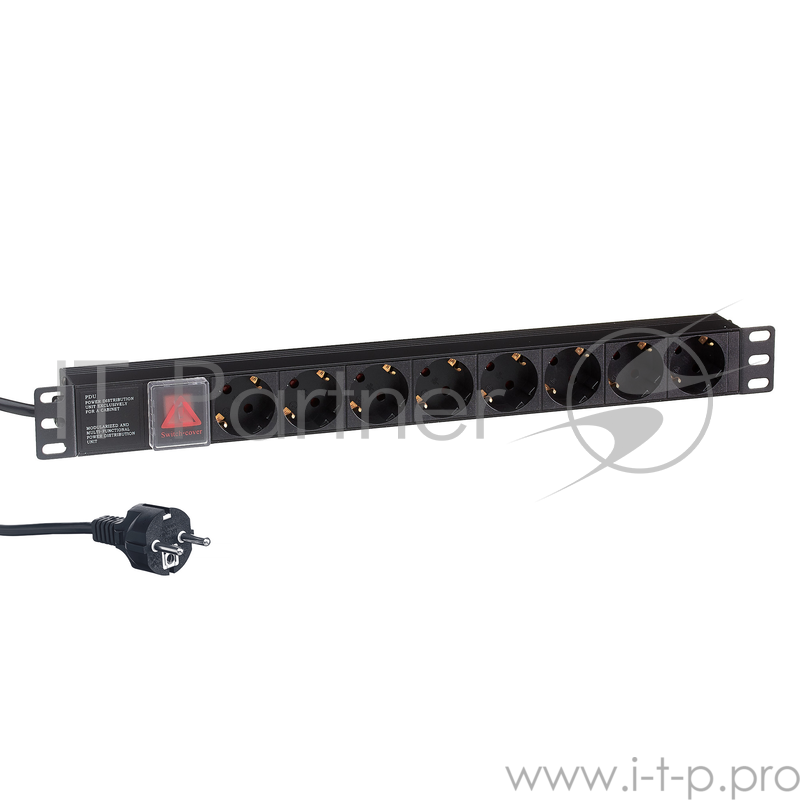 Блок розеток горизонтальный ExeGate ServerPro PDU-19H804 Al-8S-EU2.5-SW, 19, 1U, Алюминий, 8 Schuko, кабель с евровилкой VDE-250V-16A-3*1.5mm2, 2.5 метра, выкл. с подсветкой, черный