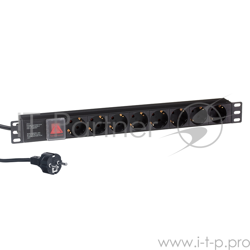 Блок розеток горизонтальный ExeGate ServerPro PDU-19H805 Al-8S-EU3-SW, 19, 1U, Алюминий, 8 Schuko, кабель с евровилкой VDE-250V-16A-3*1.5mm2, 3 метра, выкл. с подсветкой, черный
