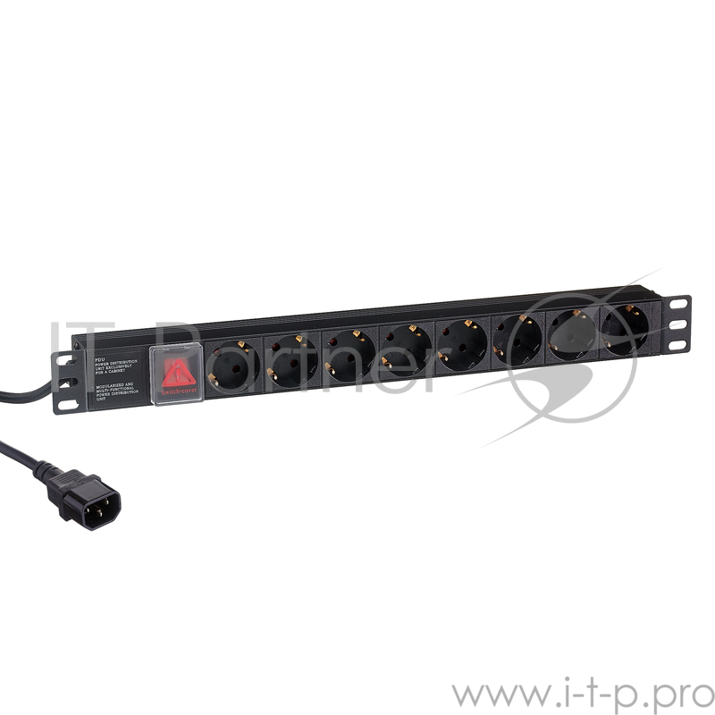 Блок розеток горизонтальный ExeGate ServerPro PDU-19H806 Al-8S-C14-3-SW, 19, 1U, Алюминий, 8 Schuko, кабель с вилкой C14 VDE-250V-10A-3*1.5mm2, 3 метра, выкл. с подсветкой SPD1, черный