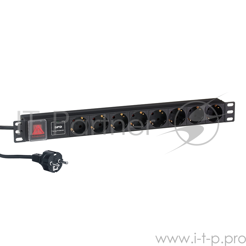 Блок розеток горизонтальный ExeGate ServerPro PDU-19H807 Al-8S-EU2-SW-SPD1, 19, 1U, Алюминий, 8 Schuko, кабель с евровилкой VDE-250V-16A-3*1.5mm2, 2 метра, выкл. с подсветкой, SPD1, черный