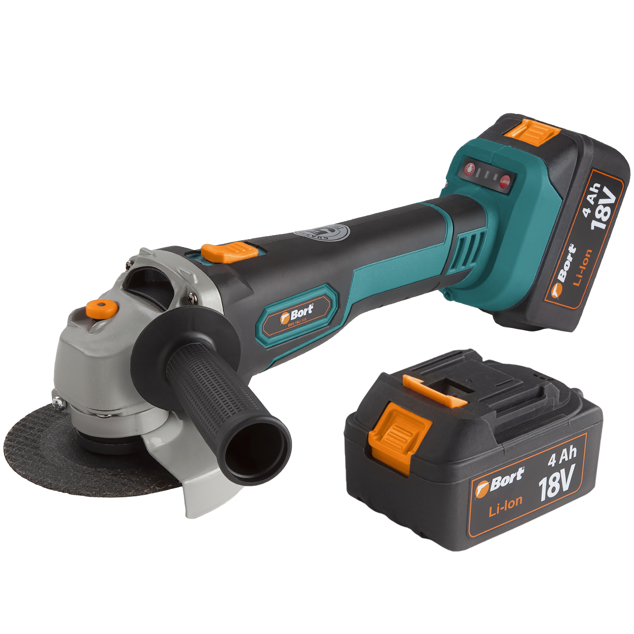 Машина шлифовальная угловая аккумуляторная Bort BWS-18Li-125 Диам. диска 125 мм Аккумулятор 4 А.ч Скорость холостого хода 4 000 - 9 000 об/мин