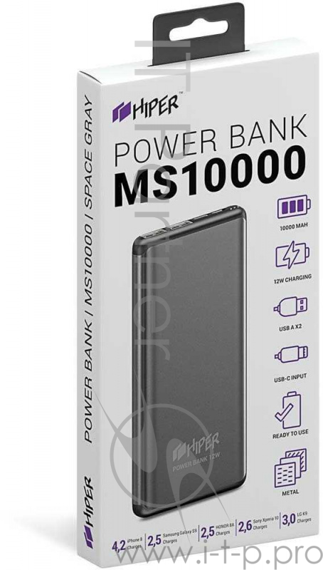 Мобильный аккумулятор Hiper MS10000 Space Gray Li-Pol 10000mAh 2.4A+2A графит 2xUSB