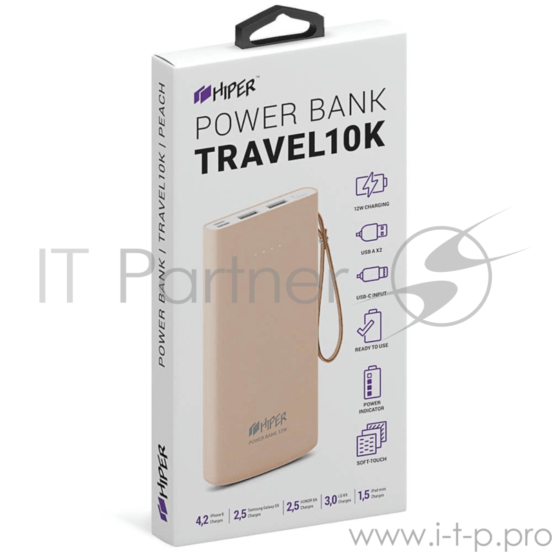 Аккумулятор HIPER Внешний аккумулятор HIPER TRAVEL 10K Li-Pol 10000 mAh Soft-touch 3A+3A 2xUSB 1xType-C персиковый