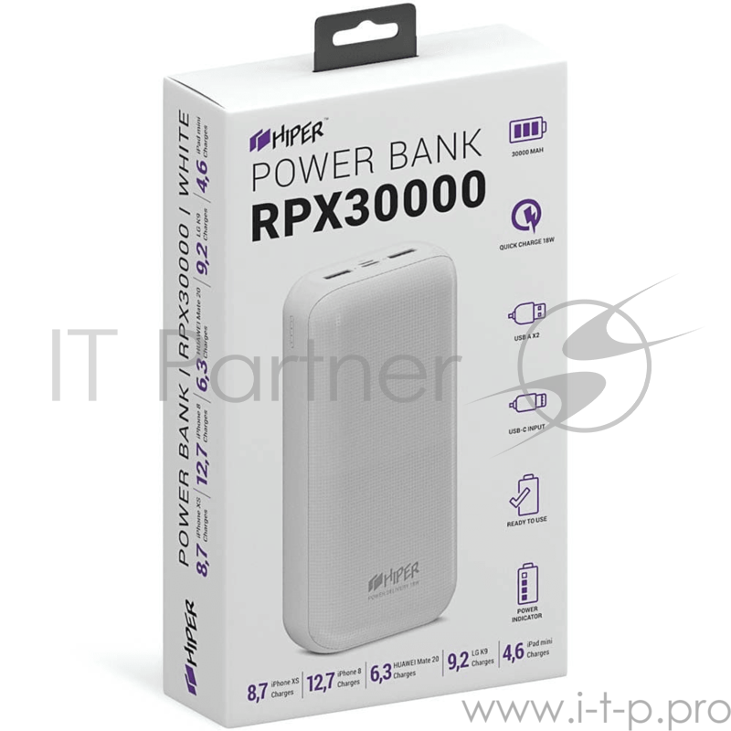 Аккумулятор HIPER Внешний аккумулятор HIPER RPX30000 Li-Pol 30000 mAh QC 3A+2.4A 2xUSB 1xType-C белый