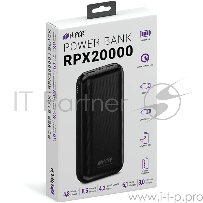Аккумулятор HIPER Внешний аккумулятор HIPER RPX20000 Li-Pol 20000 mAh QC 3A+2.4A 2xUSB 1xType-C черный