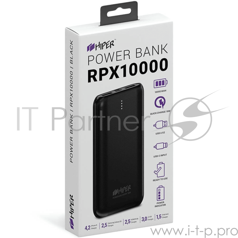 Аккумулятор HIPER Внешний аккумулятор HIPER RPX10000 Li-Pol 10000 mAh QC 3A+2.4A 2xUSB 1xType-C черный
