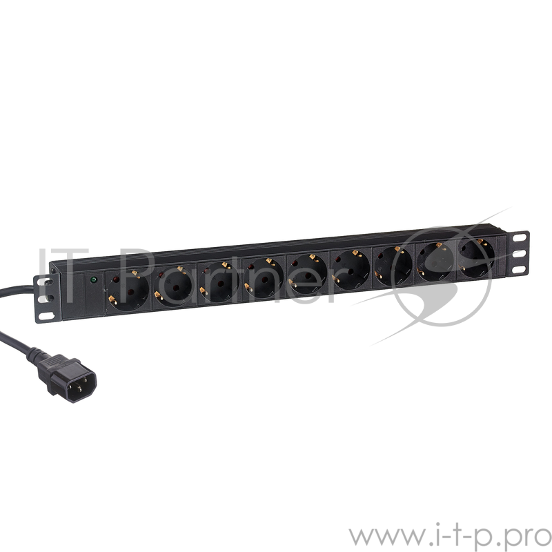 Блок розеток горизонтальный ExeGate ServerPro PDU-19H906 Al-9S-C14-2.5, 19, 1U, Алюминий, 9 Schuko, кабель с вилкой C14 VDE-250V-10A-3*1.5mm2, 2.5 метра, черный