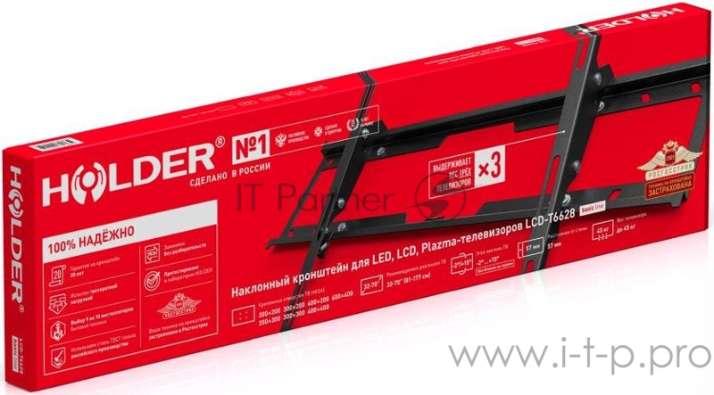 HOLDER LCD-T6628-B черный кронштейнДиагональ: от 32 до 70. Нагрузка: до 45кг. Расстояние от стены: 57мм. Угол наклона: +2⁰ + 15⁰, Угол поворота: 0⁰ Стандарт крепления Vesa 600*400, 400*400, 400*200, 400*300, 300*300, 200*300, 200*200, 100*100