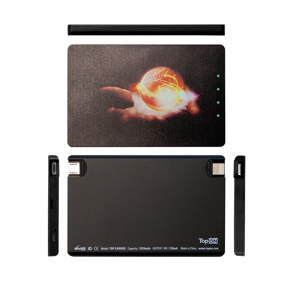 Ультракомпактный внешний аккумулятор 1020mAh (3.8Wh) в форме кредитной карты с Lightning и microUSB, для экстренной зарядки смартфона. Черный.