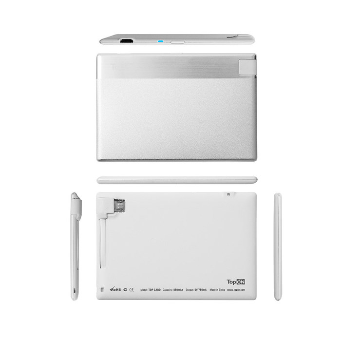 Ультракомпактный внешний аккумулятор 850mAh (3Wh) в форме кредитной карты c micro-USB, для экстренной зарядки портативных устройств. Серебристый.