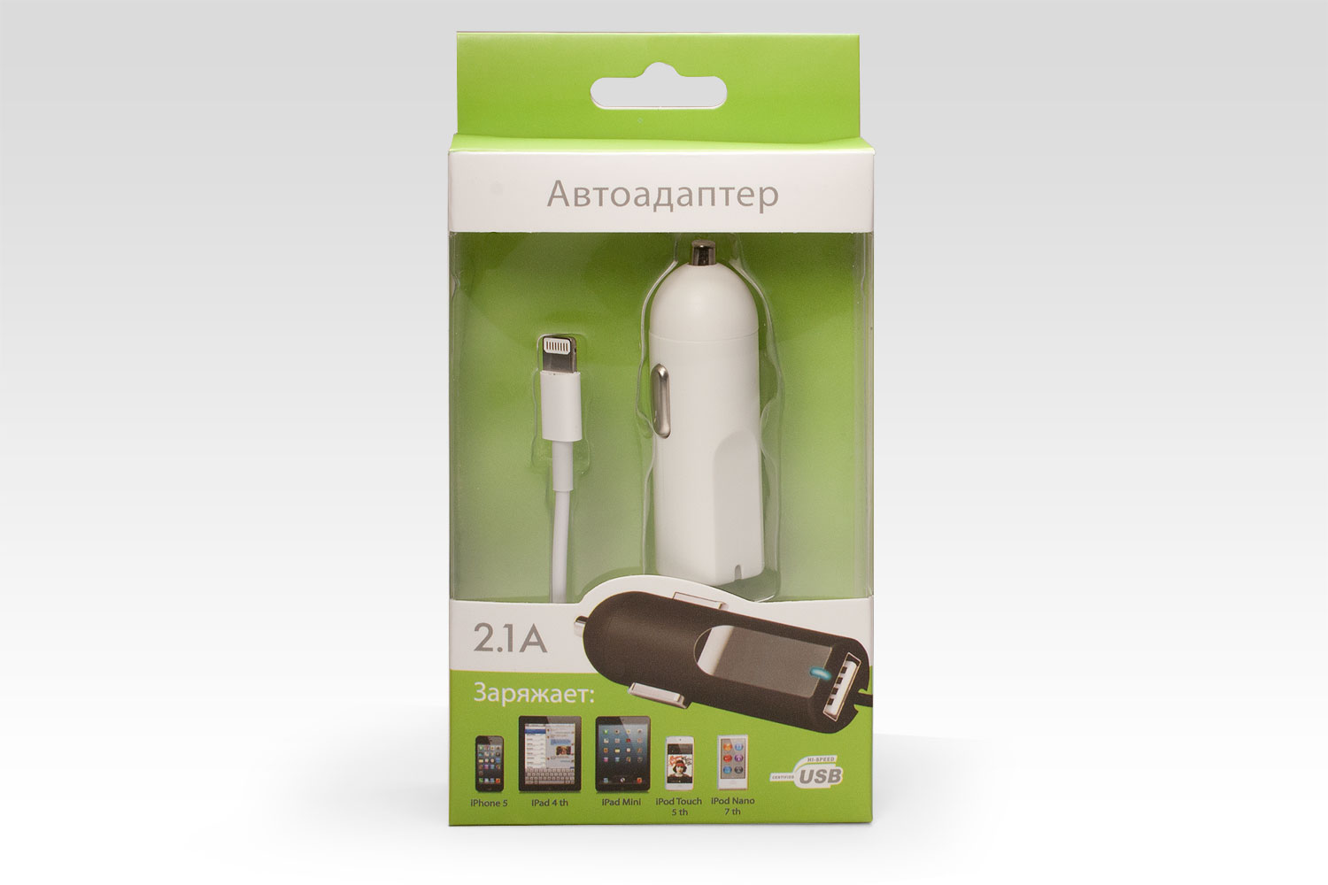 Автозарядка Lightning c USB-портом 2.1A Apple iPhone X, iPhone 8 Plus, iPhone 7 Plus, iPhone 6 Plus, iPad, iPod. HJ3J2ZM/A. Белая.
