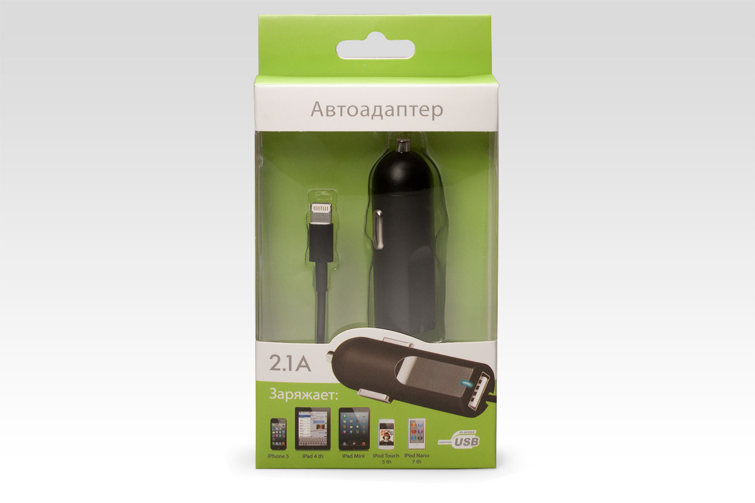 Автозарядка Lightning c USB-портом 2.1A Apple iPhone X, iPhone 8 Plus, iPhone 7 Plus, iPhone 6 Plus, iPad, iPod. HJ3J2ZM/A. Черная.
