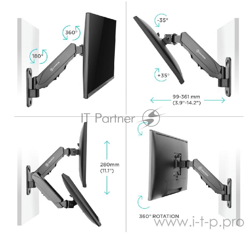 Кронштейн НАСТЕННЫЙ для монитора ONKRON Кронштейн НАСТЕННЫЙ для монитора ONKRON/ 13-32 1 колено, макс. 100*100, струбцина, наклон -35º+35º поворот 180º, расстояние от стены 85-361мм, макс.перемещение по вертикали 280мм, кабель-канал, пружина, нагрузк