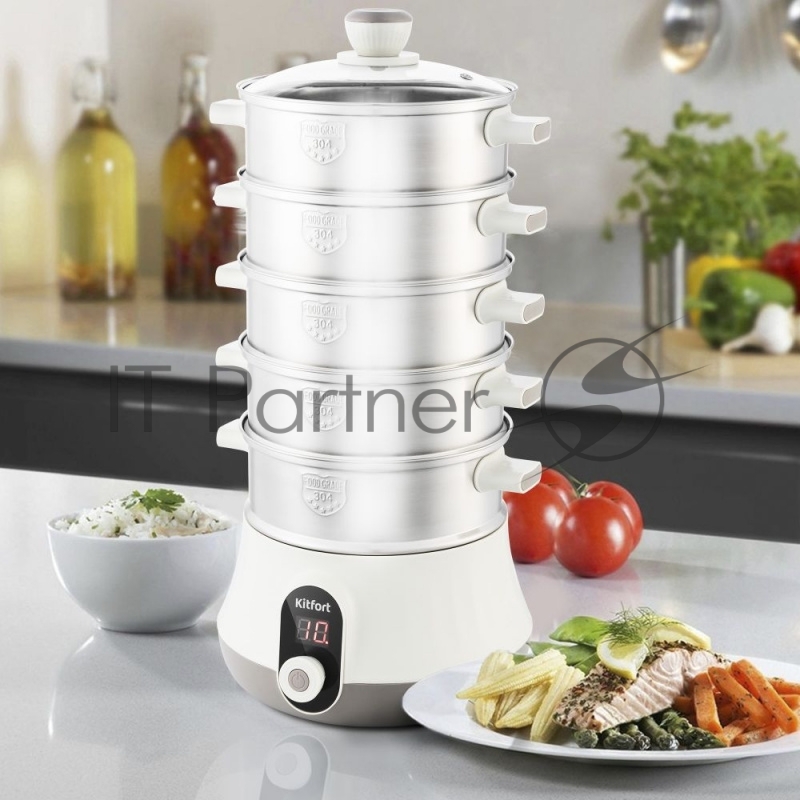 2035-КТ Пароварка Kitfort Мощность: 600 Вт.Количество уровней: 5.Таймер приготовления: до 60 минут.