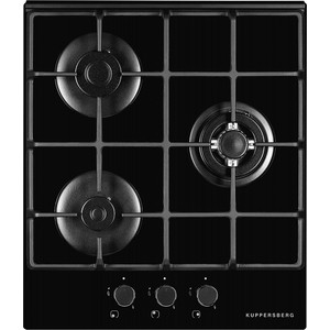 Газовая варочная поверхность Kuppersberg Газ, Газовая варочная поверхность, закаленное стекло, ширина 45 см, 3 газовые конфорки, WOK конфорка повышенной мощности, автоподжиг, газ-контроль, чугунные решетки, цвет черный / кромка FACET