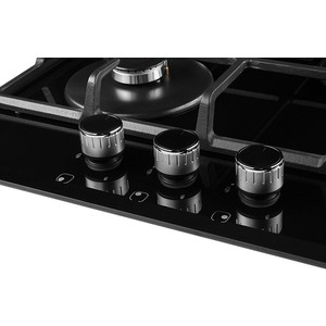 Газовая варочная поверхность Kuppersberg Газ, Газовая варочная поверхность, закаленное стекло, ширина 45 см, 3 газовые конфорки, WOK конфорка повышенной мощности, автоподжиг, газ-контроль, чугунные решетки, цвет черный / кромка FACET