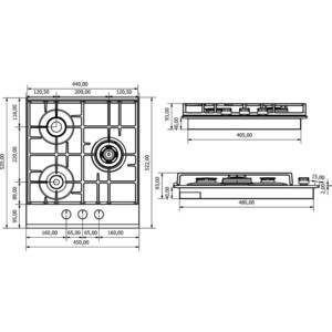 Газовая варочная поверхность Kuppersberg Газ, Газовая варочная поверхность, закаленное стекло, ширина 45 см, 3 газовые конфорки, WOK конфорка повышенной мощности, автоподжиг, газ-контроль, чугунные решетки, цвет черный / кромка FACET